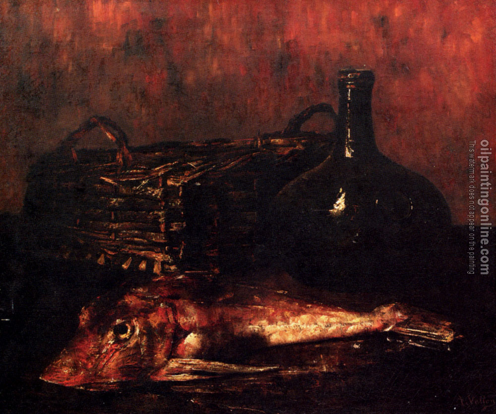 Vollon, Antoine - A Still Life With A Fish A Bottle And A Wicker Basket